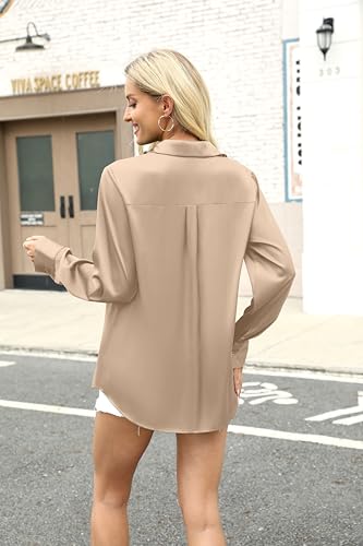 V-Neck-Design mit langem Ärmel und festen Knöpfen - Detailansicht von Zeagoo Satinbluse Damen V-Ausschnitt Deal – Deal...