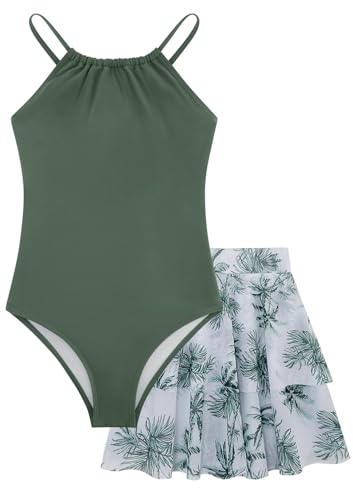 Seanrui Teen Swimsuits for Girls 12 One Piece Bathing Suit Green Tropical Print with Cover Up Girls Swimwear