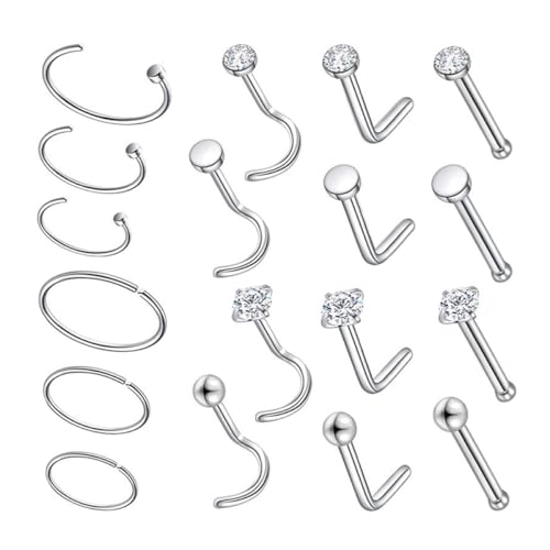 Hoement 18Pcs Unisex Stainless Steel Nose Rings and Clips S-Shaped L-Shaped Body Jewelry for Men Women Fashion Nose Piercing Accessories