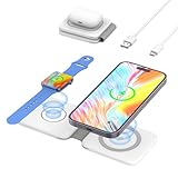 DREU Magnetic Foldable Charging Pad Portable Wireless Chargers 3 in 1, Fast Wireless Charging Station Compatible with QI Phones, iPhone 15/14/13/12/SE/11/XS/8, Samsung, Air-Pods Pro, Ap-ple Watches-WT