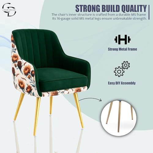 Image of Velvet Accent Chair | Luxury Upholstered Armchair with Sturdy Metal Legs | Modern Comfortable Chair for Living Room, Bedroom, Office, or Cafe (Golden Legs, Green Floral)