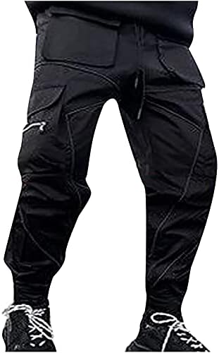 Dgoopd Mens Reflective Cargo Pants Hip Hop Techwear Harem Pant Jogger Punk Streetwear Pants Technical Drawstring Trousers Black
