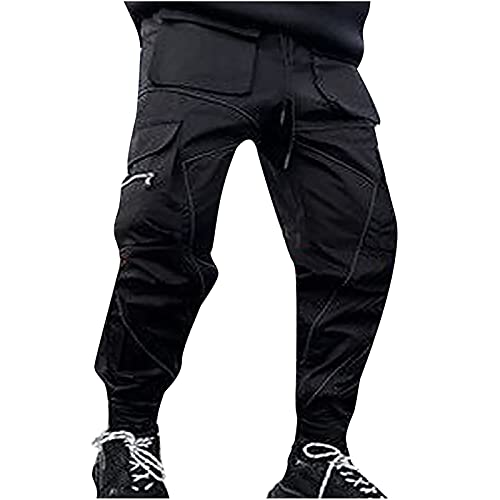 Dgoopd Mens Reflective Cargo Pants Hip Hop Techwear Harem Pant Jogger Punk Streetwear Pants Technical Drawstring Trousers Black #TOP29