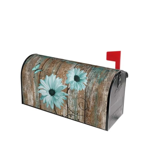 Image of Rustic Daisy Board Mailbox Cover Magnetic, Teal Sunflowers Vintage Wood Grain Plank Mailbox Wrap Letter Post Box Cover for Yard Garden Outside Home Decor, Large Size 25.5x21 Inch