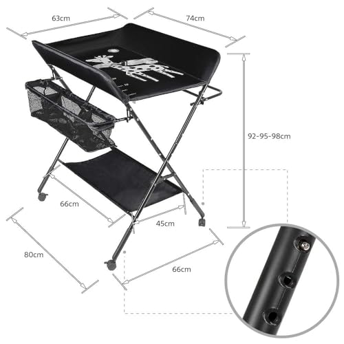 طاولة تغيير حفاضات أطفال قابلة للطي بارتفاع قابل للتعديل مع منظم لغرفة الأطفال ورف تخزين لحديثي الولادة والرضع 80 × 66 × 98 سم من فانتاستيك كيدز تويز (رمادي)