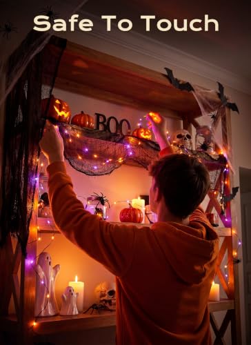 Image of Halloween Fairy Lights Plug in, 33Ft 100LEDs Halloween String Lights, Waterproof Flexible Black Wire String Lights for Home Party Haunted House Indoor Outdoor Halloween Decorations, Orange & Purple