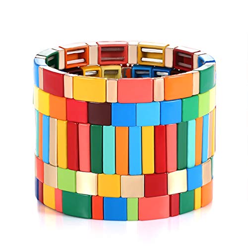 Colorful Enamel Tile Bracelet for Women Rainbow Tile Stretch Bracelet Color- Block Beaded Tile Strand Bracelet Set for Girls (Enamel Tile bracelet)