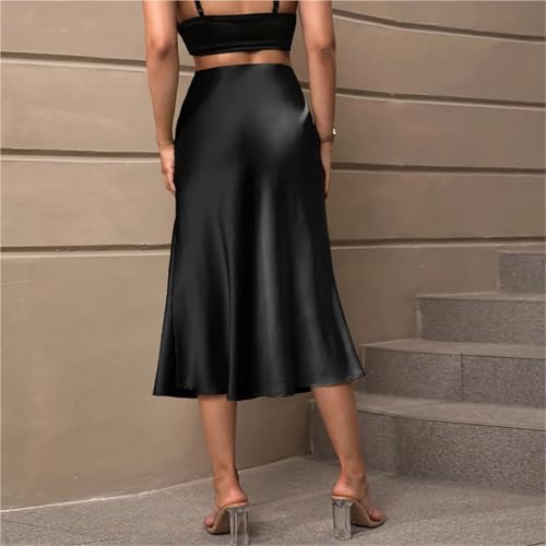 Satin Skirt Women's High-Waist Skirt Silk-Satin Feeling Solid Color A-line Simple Design Long Dress3