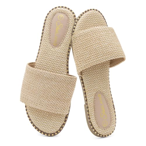 Shoe Land Flat Sandals for Women – Slip-On Slides with Cushioned Footbed | Comfortable Dressy & Casual Open Toe Summer Sandals for Beach, Travel & Everyday Wear, BeigeLAF, Size 7.0, Carlena