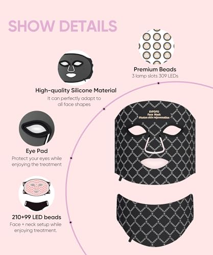 Image of EVFOFO 7-Color LED Red Light Mask, Face & Neck, 630nm & 850nm NIR, Cordless | Red Light Mask for Face and Neck, all face shapes, smooths fine lines, soft silicone, cordless USB-C for Home, Work&Rest