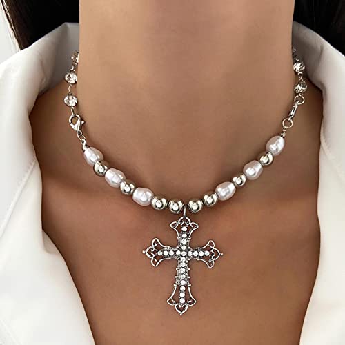 Zeshimb Cubic Zirconia Cross Necklace Vintage Baroque Pearl Chain Beads Necklace Silver Cz Cross Pendant Necklace Shiny Diamond Chain Faith Cross Choker Necklace Y2K Jewelry For Women And Girls #TOP15
