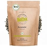 Grüntee Gunpowder Temple of Heaven Bio 800g - gerollte kugelförmige Teeblätter - hellgrüne Tasse - angenehm mild frisch feinherb süßlich - Fairbiotea-Teegarten Qingshan - Biotiva