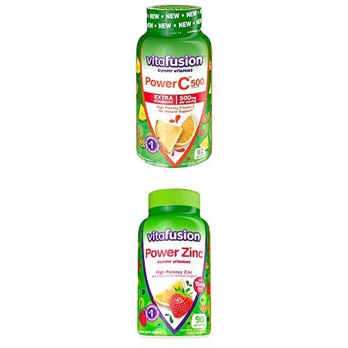Bundle of Vitafusion Extra Strength Power C Gummy Vitamins, 92 Count + Vitafusion Power Zinc Gummy Vitamins, Strawberry Tangerine Flavored Immune Support (1), 9