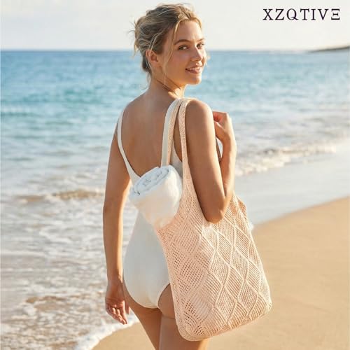 Image of XZQTIVE Crochet Tote Bag for Women Mesh Beach bag for Summer Vacation Aesthetic Hobo Knit Shoulder Bag