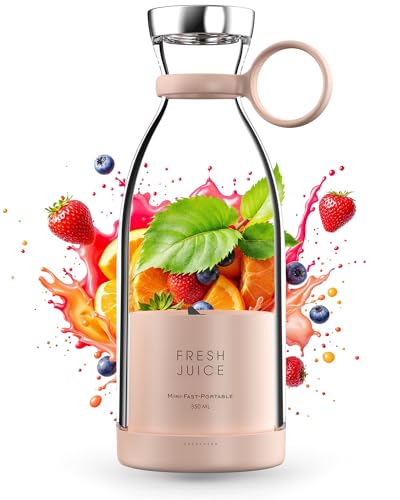 Portable Blender for fresh juices and Smoothies 350ML Bottle Mini Blender Rechargeable Smoothie Maker with Wireless Charging and Travel Lid Perfect for Travel Gym Office (Pink)
