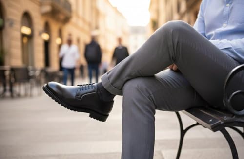 Image of Men's Black Plain Toe Derby Shoes - Classic Lace-Up Dress Shoes with Non-Slip Rubber Lug Sole - Professional Business & Office Footwear