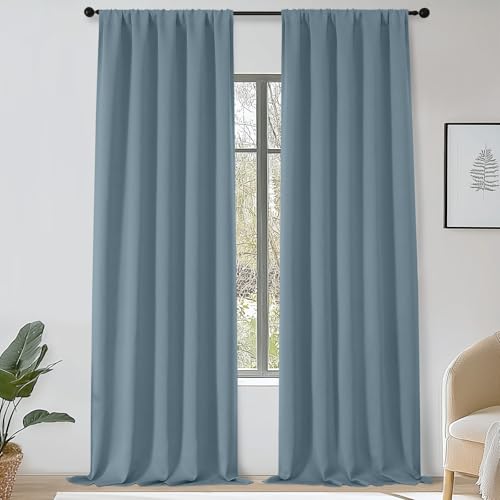 OWENIE Stone Blue Blackout Curtains for Bedroom 108 Inch Extra Long 2 Panel