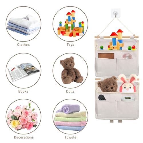 Forhandy 2 Stück Hängeorganizer, Hohe Kapazität Hängeaufbewahrung mit 3 Fächer Faltbares Leinen Wand Organizer Hängend Wand Aufbewahrungstasche mit 2 Klebriger Haken für Zuhause Büro Bad - Beige