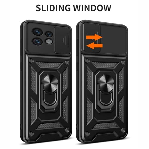 Image of Heavy Duty Back Case Cover for Moto Edge 40 Pro 5G, Shockproof Moto Edge 40 Pro Back Cover, Ring Case with Kickstand and Camera Protection Shutter - Black