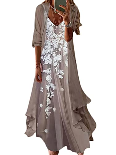 Minetom Robe D'Été De Plage Femme Maxi Robe en Mousseline De Soie À Motif Floral Col V Robe Longue Robe avec Blouse De Protection Solaire A2 Kaki XXL
