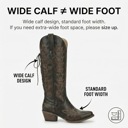 Image of Uillnoodu Wide Calf Cowboy Boots Women Adjustable Lace Up Knee High Tall Plus Size Cowgirl Boots Western Style Comfortable 2-Inch Heel