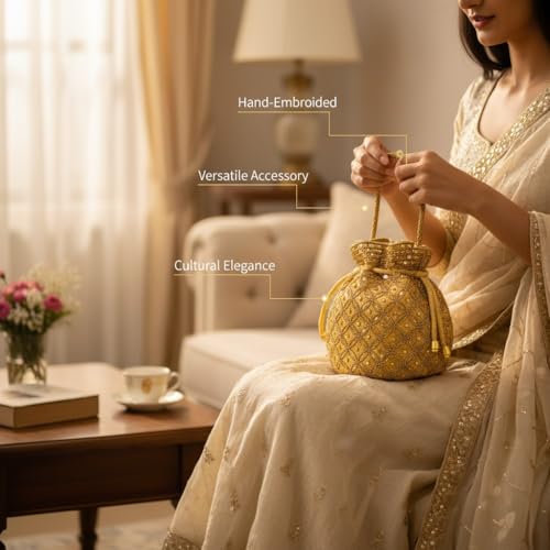 Image of Srajanna Women's Embellished Ethnic Pearl Potli Bag Traditional Handcrafted Evening Clutch for Weddings & Festive Occasions