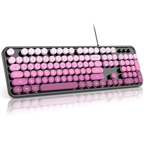 Image of MOFII Keyboard Wired, Full Size Retro Typewriter Keyboard Round Key, USB Wired Plug and Play, for Laptop, PC, Desktop, Windows (Black Pink Gradient Color)