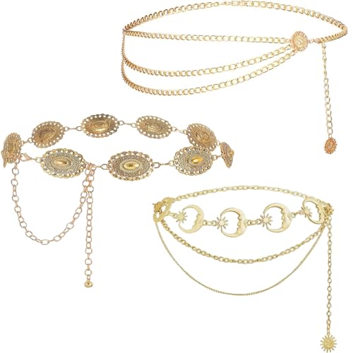 3 Stück Bauchkette Gold Goldener Gürtel 110 cm Kettengürtel für Damen Gürtel Gold Damen Western Stil Alltag und besondere Anlässe