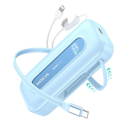 Banco de energía portátil con cables USB C retráctiles de 24 pulgadas, batería de carga rápida de 30 W con pantalla digital inteligente, compatible con iPhone 16/15/14/13 Series, iPad, color azul