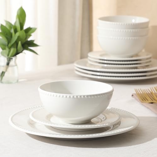 Image of Gibson Home Caviara Plates and Bowls Set, 12-Piece Dinnerware Set, White Round Beaded Rim Ceramic Dish Set, Dinner Plates, Salad Plates & Cereal Bowls