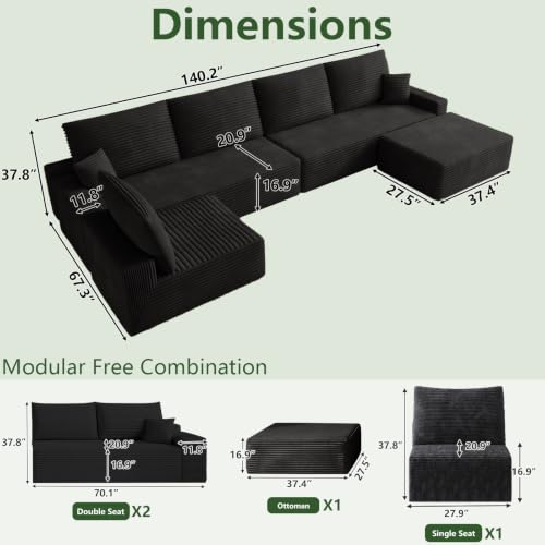 Image of Oversized Modular Sectional Sofa Couch, Large 6 Seater Corner Sofa Modern U Shaped Sectional Couch with Ottoman Cloud Couches for Living Room, Office, Spacious Space, Corduroy, No Assembly, Black