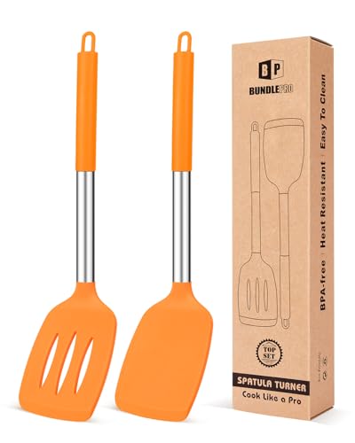 Juego de 2 espátulas de cocina de silicona, antiadherentes, con ranuras - utensilios de cocina sin BPA resistentes a altas temperaturas, ideales para pescados, huevos, tortitas y más (naranja)
