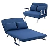 HOMCOM 2 Seater Sofa Bed, Click Clack Convertible Bed Settee, Modern Faux Suede Upholstered Sofa with 2 Pillows for Living Room, Guest Room, Dark Blue - Image 1