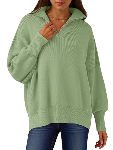 Image of ANRABESS Womens Oversized Quarter Zip Pullover Sweaters | Fall Fashion Outfits, Long Sleeve Slit Side, Baggy Loose Fit, 1 /4 Zip Lapel Collared, Ribbed Knit Soft Warm Winter Clothing