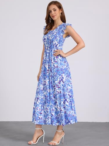 Image of Seta T Women's Summer Dresses Casual Ruffle Sleeveless V Neck Floral Sundress Flowy Smocked Beach Maxi Dress