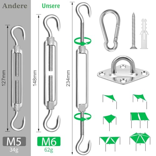 Sonnensegel Befestigung Set Zubehör 304 Edelstahl Sonnensegel Befestigungsset sonnensegel Spanner Montage Aufbau für Viereck und Dreieck Garten, Awnings Mounting Assembly 2
