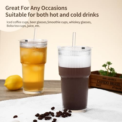 2 Pezzi 600ml Bicchieri da Acqua con Coperchio e Cannuccia, Bicchieri in Vetro con Pennello di Paglia, Bicchieri con Cannuccia,Ermetico, Adatto per Succo, Cocktail, Birra, Caffè - immagine 3