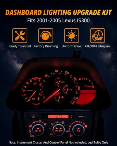 Image of WLJH Extremely Bright Red Dash Instrument Panel Gauge Cluster Bulbs + Climate Control Lights + Clock Light Led Kits for Lexus IS300 2001-2005, Pack of 12 | 3030 SMD, Dimmable, 360 Illumination, Gauge Illumination, Instrument Panel Light, Time Display, 12-Pack