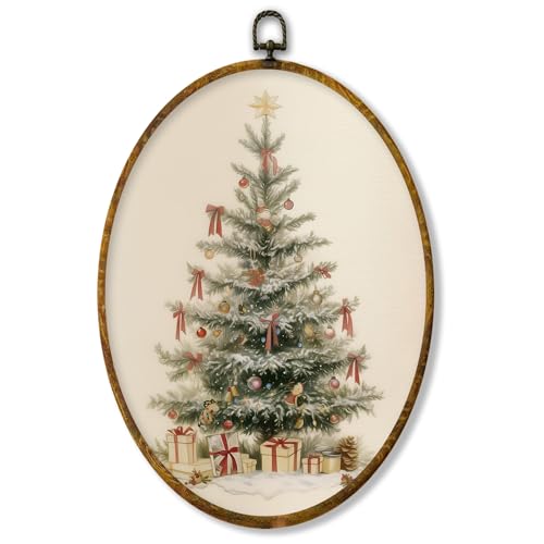 XPH Vintage Christmas Tree Oval Wall Art Framed, Rustic Winter Xm...