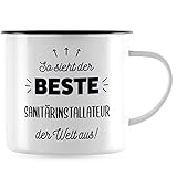 JUNIWORDS Emaille-Tasse, So sieht der beste Sanitärinstallateur der Welt aus!, Schwarzer Tassenrand (5870265)