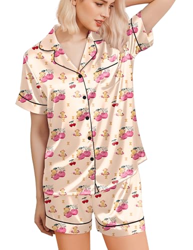 Image of Ekouaer Silk Pajamas for Women Funny Teddy Sleepwear Comfy Short Sleeve Button Down Loungewear Satin Pjs Shorts Set,Champagne Teddy Cherry,L
