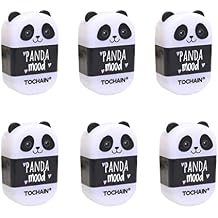6 Pack Cute Panda Pencil Sharpeners, 2-in-1 Handheld Pencil Sharpener with Eraser, Pencil Erasers in Double Covers for Kids School Office Single Hole, Manual