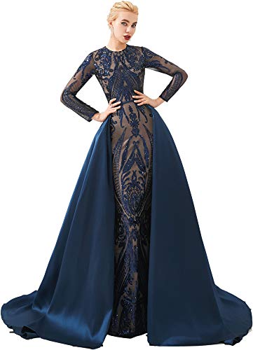 Women's Long Sleeve Mermaid Detachable Train Evening Prom Dresses Long Sequins