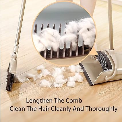 TRADY Broom and Dustpan Set for Home,Long Handle Lightweight 180° Rotating Broom Combo, Standing Dust Pan with CombTeeth for Kitchen Room Office Lobby Floor Cleaning (Cream & Brown) 2