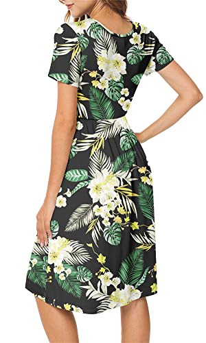 Image of DB MOON Women Summer Casual Short Sleeve Dresses Empire Waist Dress with Pockets