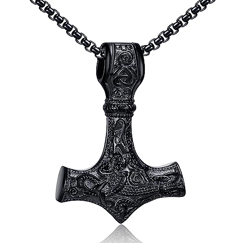 AFSTALR Wikinger Schmuck Herren Halskette Thors Hammer Halskette - Nordische Mythologie Mjolnir Wikinger Runen Hammer Edelstahl kette Viking Geschenke für Männer 60cm Schwarze