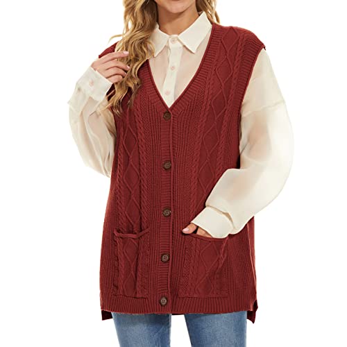 Hyipels Sweater Vest Women Cable Knit Sleeveless Button Down Oversized V Neck Long Sweaters Cardigan With Pockets #TOP20