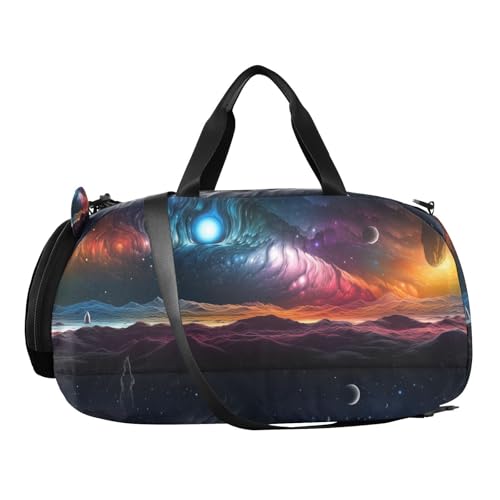YETTASBIN Sport Travel Duffel Bag for Girls Boys, Galaxy Planet Large Waterproof Weekender Overnight Bag, Detachable Shoulder Strap Gym Bag with Shoe Compartment & Wet Pocket2