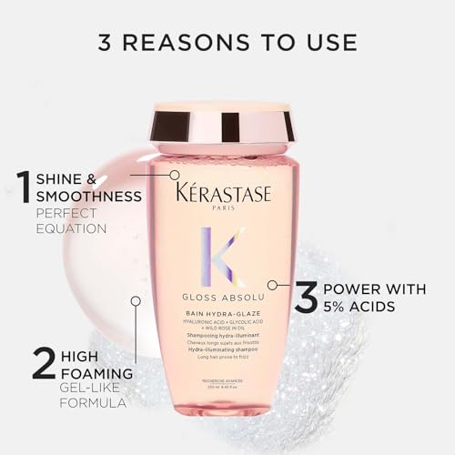 Image of Kerastase Gloss Absolu Anti-Frizz Shampoo For Bouncy, Glossy Hair | Fine To Medium Hair | 4-Days Anti-Frizz | With Hyaluronic & Glycolic Acid, Wild Rose-In-Oil | 250ml