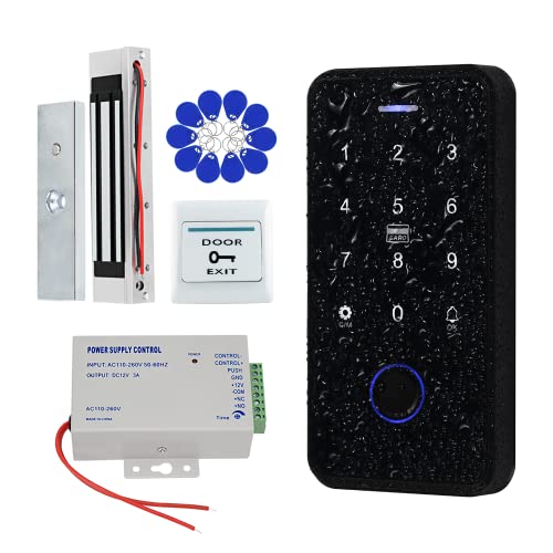 QTTYELOK Bluetooth Tuya Access Control System Kit Waterproof RFID Keypad Fingerprint Biometrics + 180KG Electric Magnetic Lock + 10pcs 13.56Mz Keyfobs
